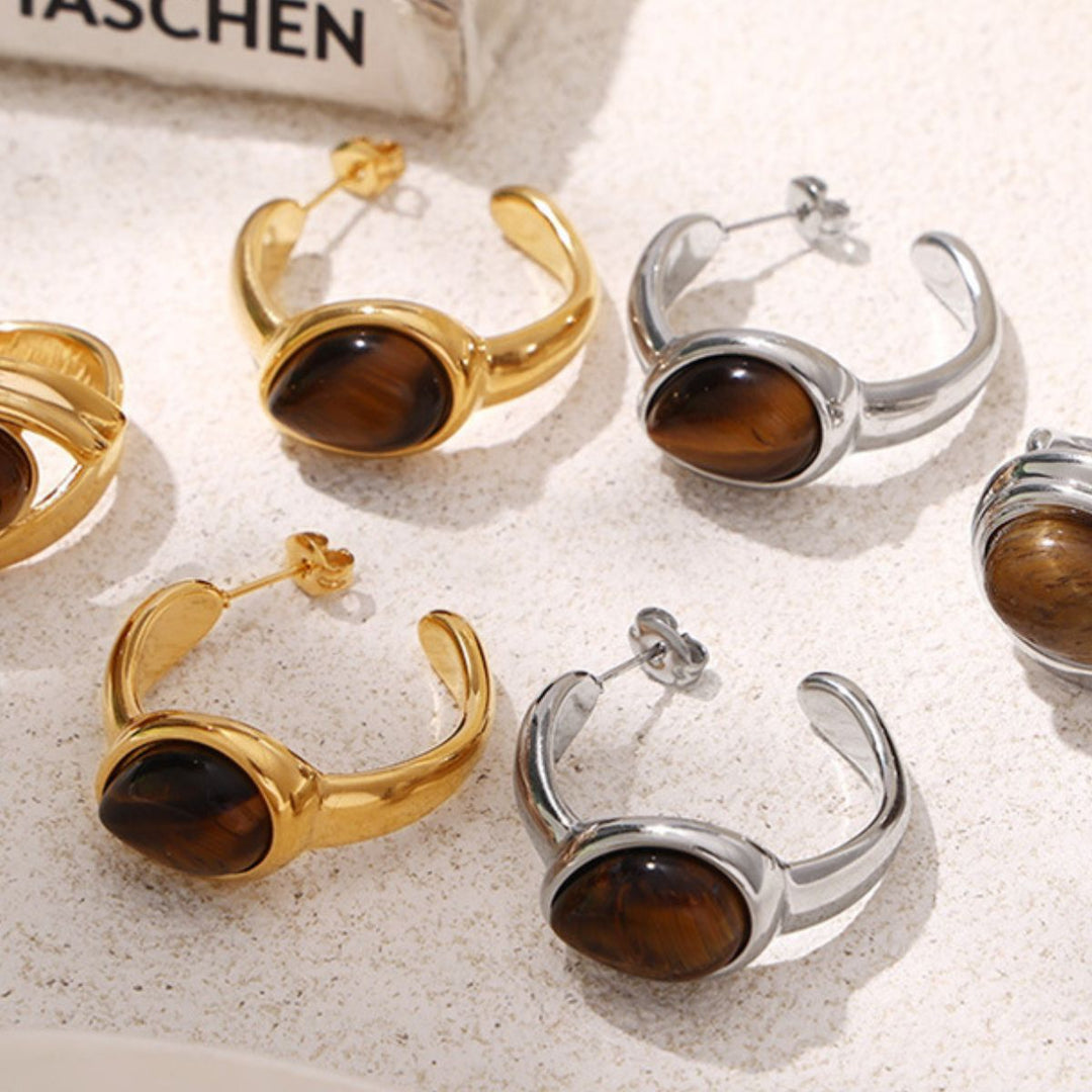 Stainless Steel Natural Tiger's Eye C - Hoop Earrings - SharpDuds