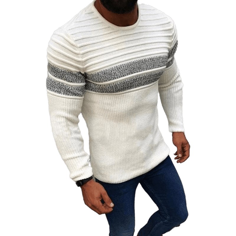 Stripe Trim Cable Knit Crewneck Sweater - www.SharpDuds.com