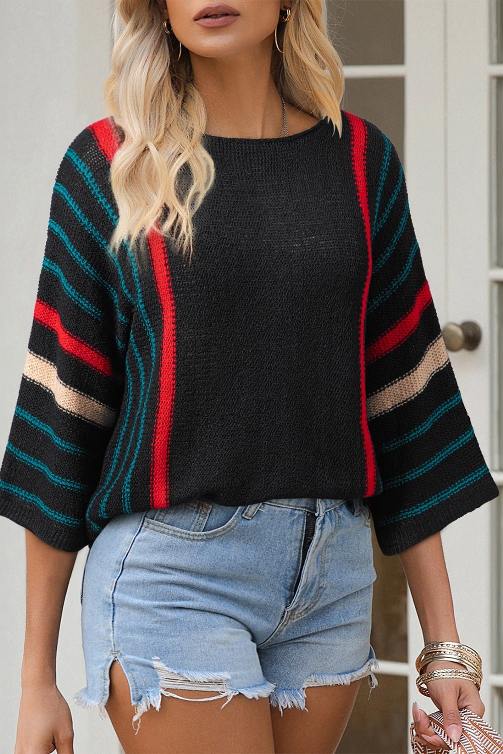 Striped Boat Neck Three - Quarter Sleeve Knit Top - SharpDuds