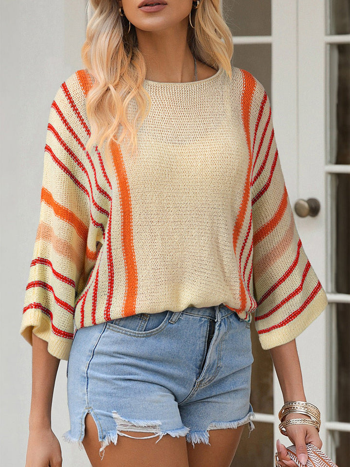 Striped Boat Neck Three - Quarter Sleeve Knit Top - SharpDuds