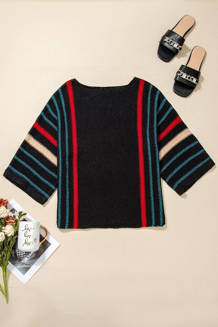 Striped Boat Neck Three - Quarter Sleeve Knit Top - SharpDuds