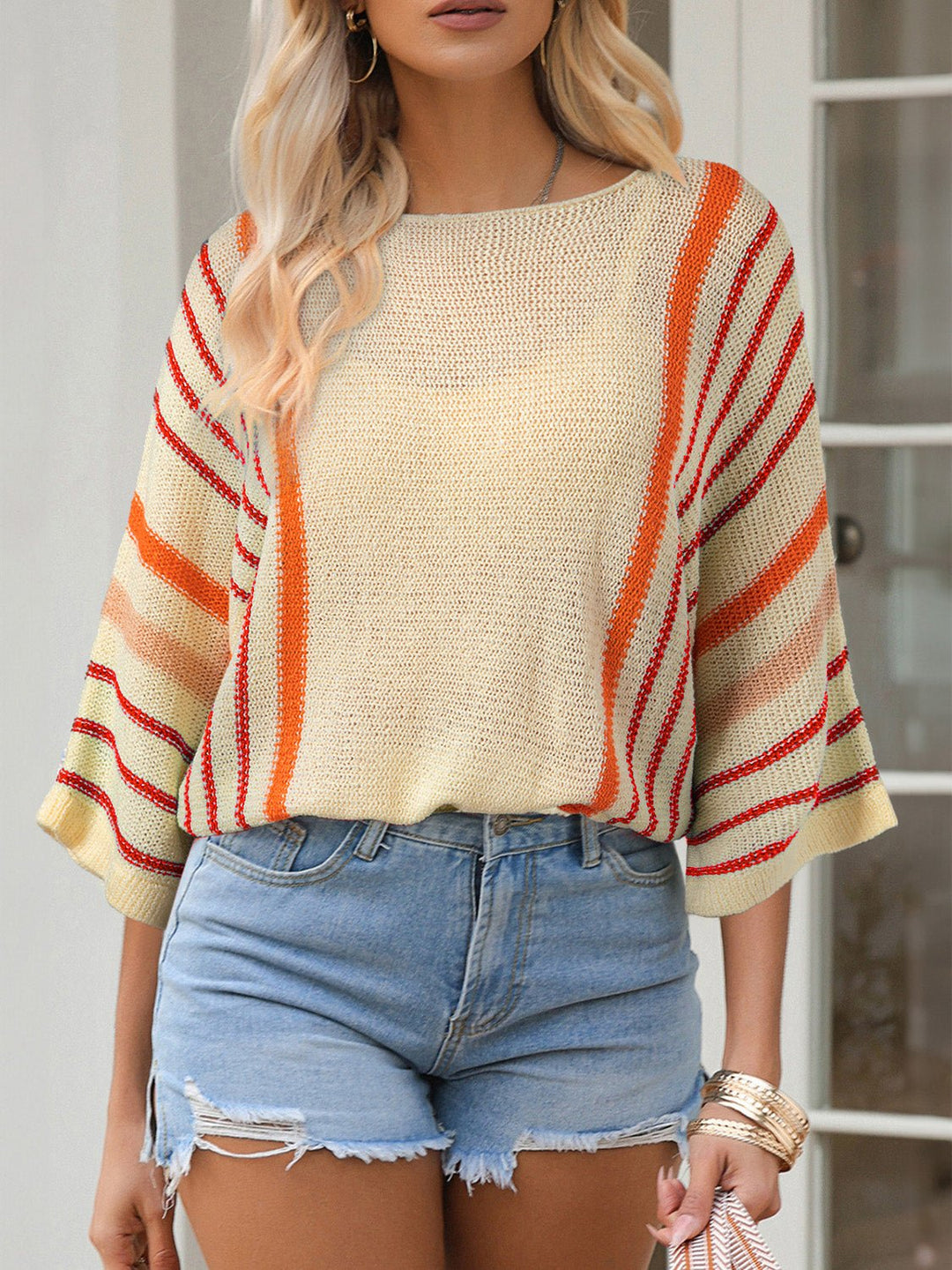 Striped Boat Neck Three - Quarter Sleeve Knit Top - SharpDuds