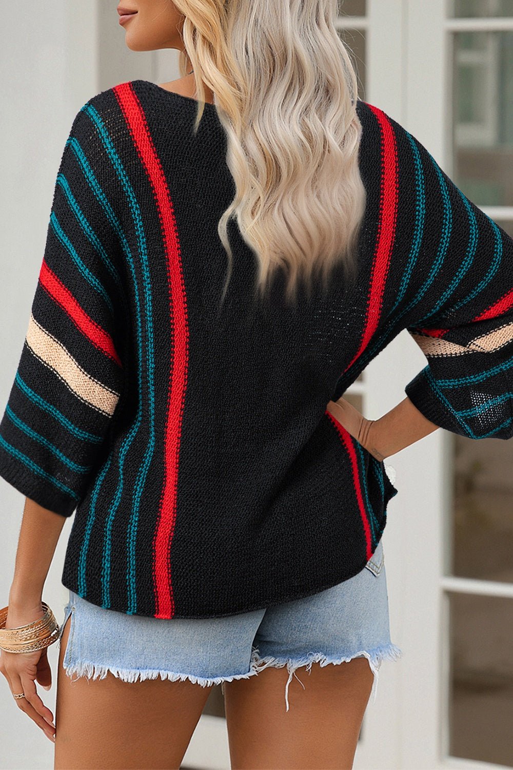 Striped Boat Neck Three - Quarter Sleeve Knit Top - SharpDuds