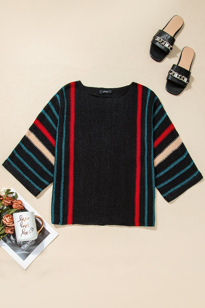 Striped Boat Neck Three - Quarter Sleeve Knit Top - SharpDuds