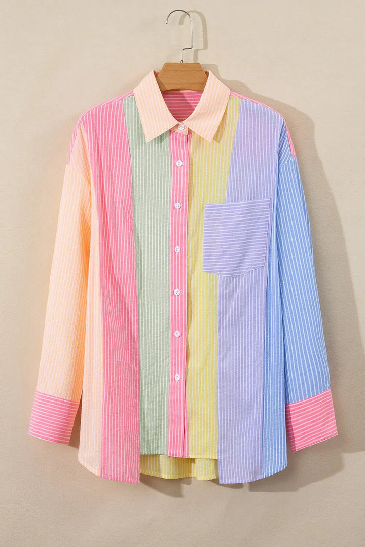 Striped Collared Neck Long Sleeve Shirt - SharpDuds