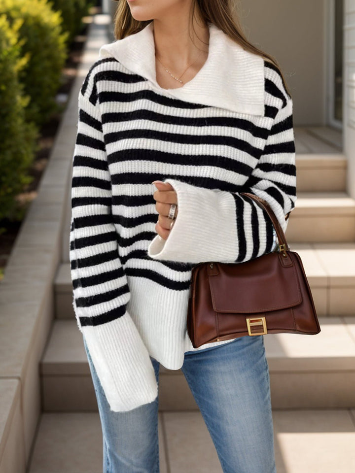 Striped Collared Neck Long Sleeve Sweater - SharpDuds