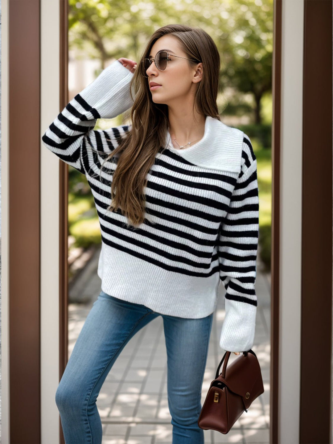 Striped Collared Neck Long Sleeve Sweater - SharpDuds