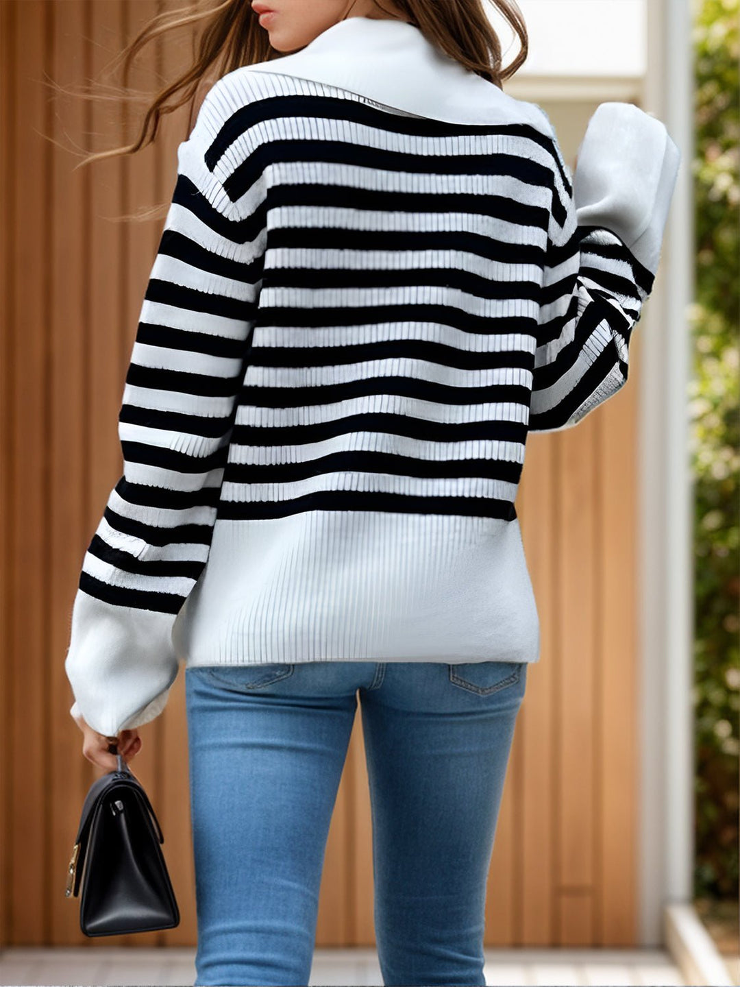 Striped Collared Neck Long Sleeve Sweater - SharpDuds