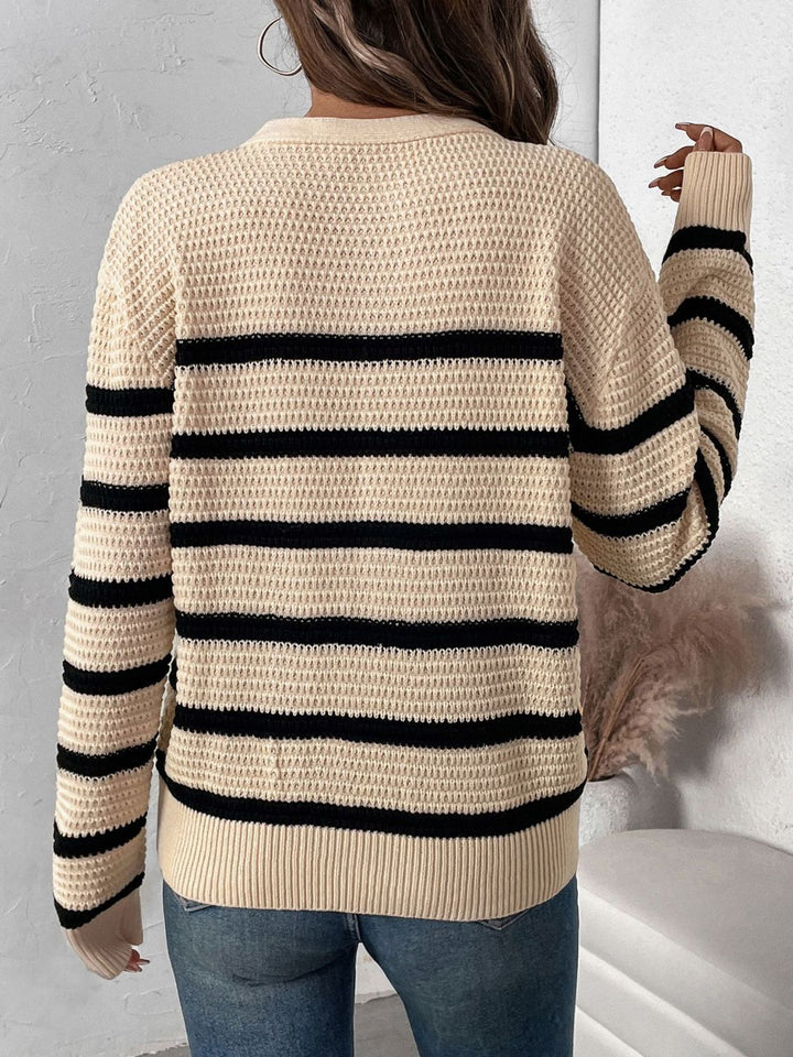 Striped Half Button Long Sleeve Sweater - SharpDuds