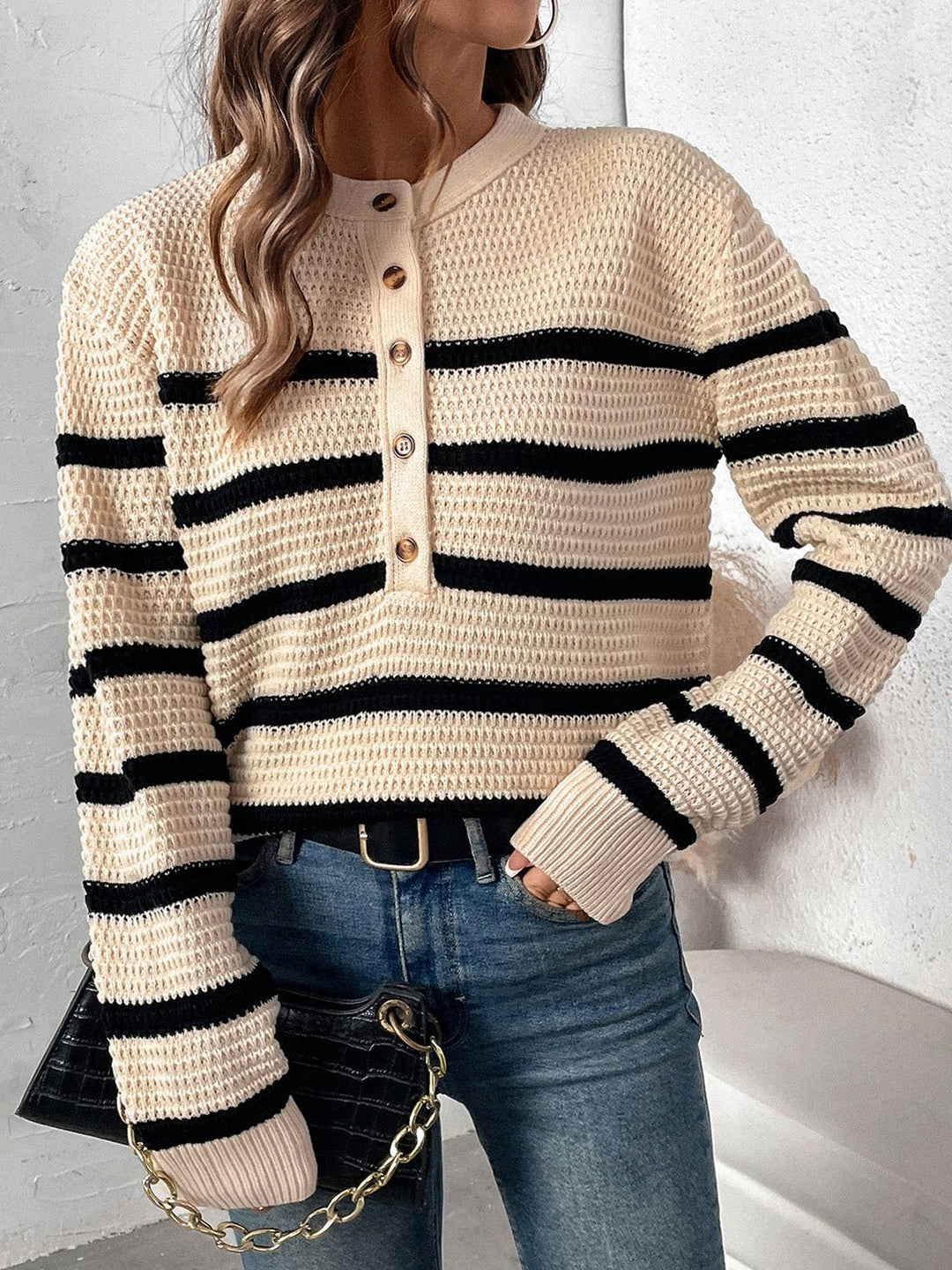 Striped Half Button Long Sleeve Sweater - SharpDuds