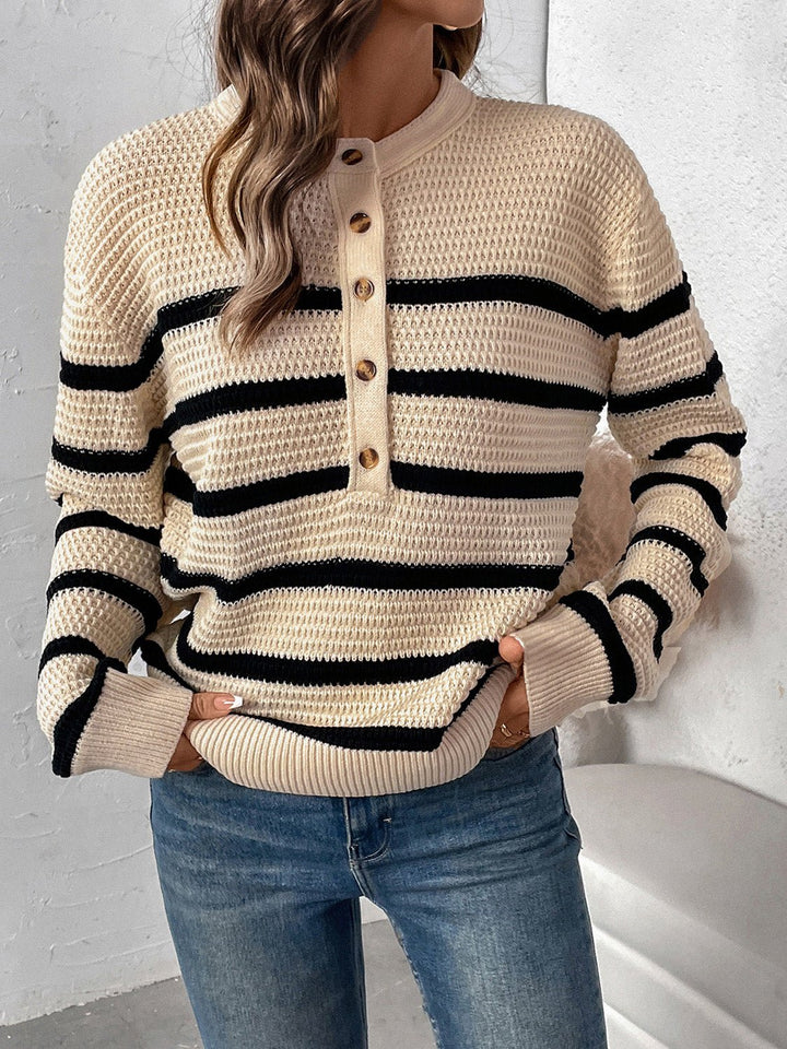 Striped Half Button Long Sleeve Sweater - SharpDuds