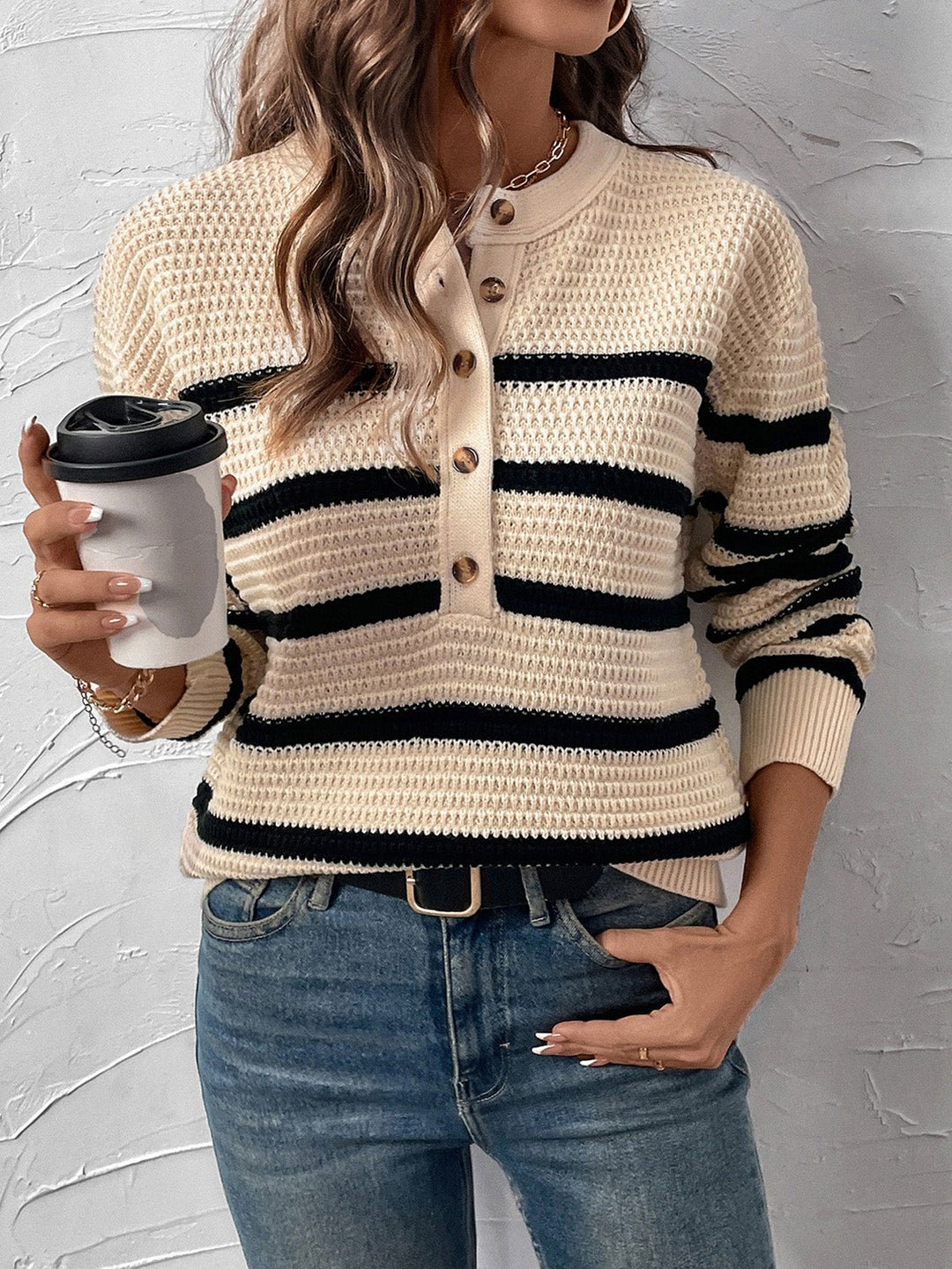 Striped Half Button Long Sleeve Sweater - SharpDuds