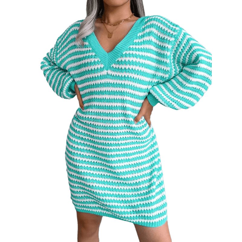 Striped Hollow Wool Knitted Dress - www.SharpDuds.com