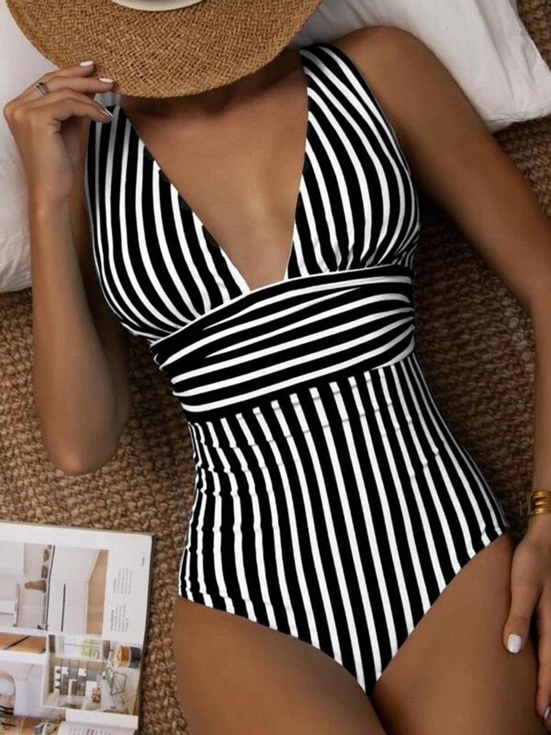 Striped Plunge Sleeveless One - Piece Swimwear - SharpDuds