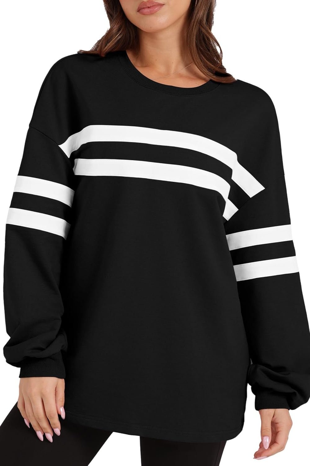 Striped Round Neck Dropped Shoulder Sweatshirt - SharpDuds