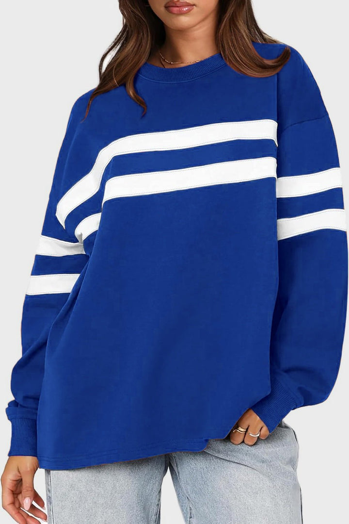 Striped Round Neck Dropped Shoulder Sweatshirt - SharpDuds