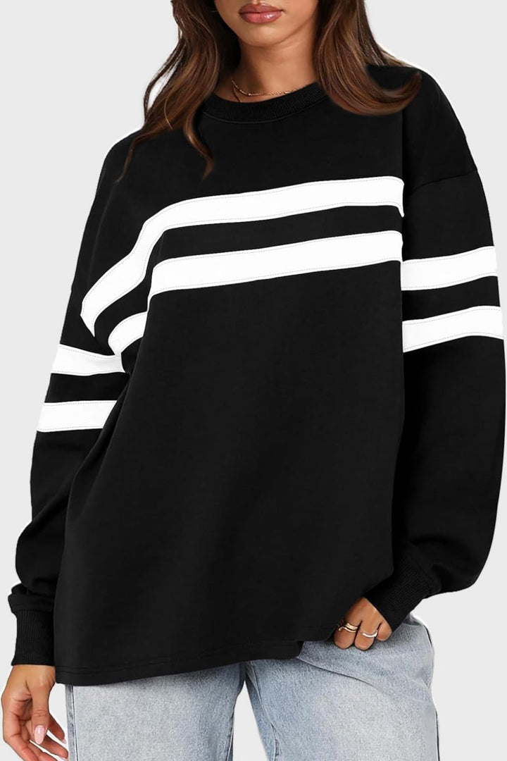 Striped Round Neck Dropped Shoulder Sweatshirt - SharpDuds