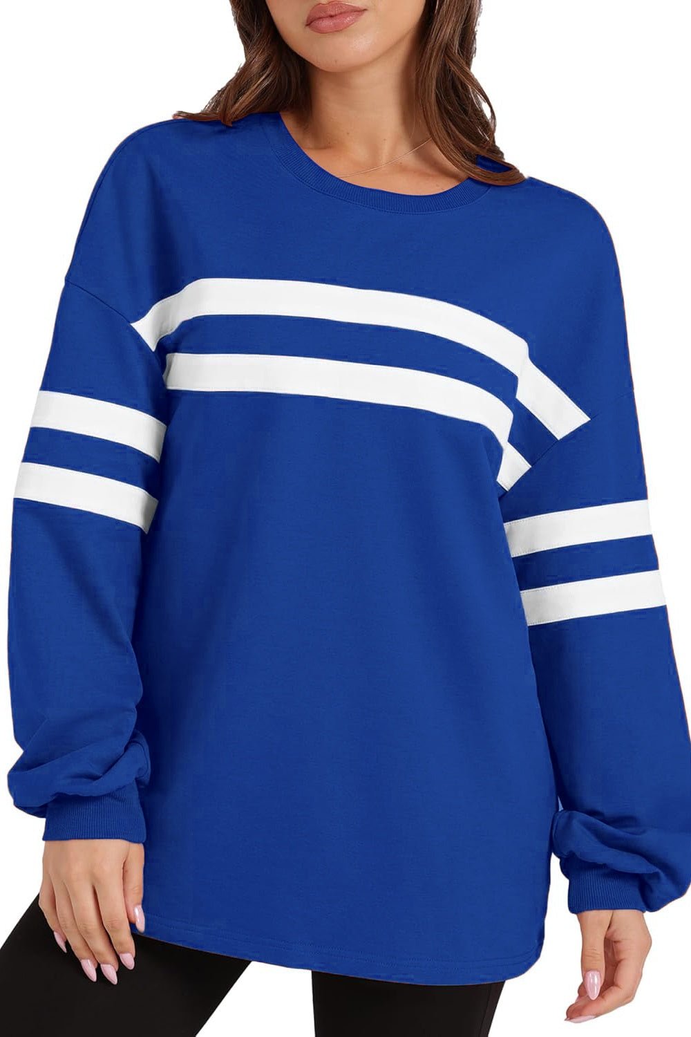 Striped Round Neck Dropped Shoulder Sweatshirt - SharpDuds