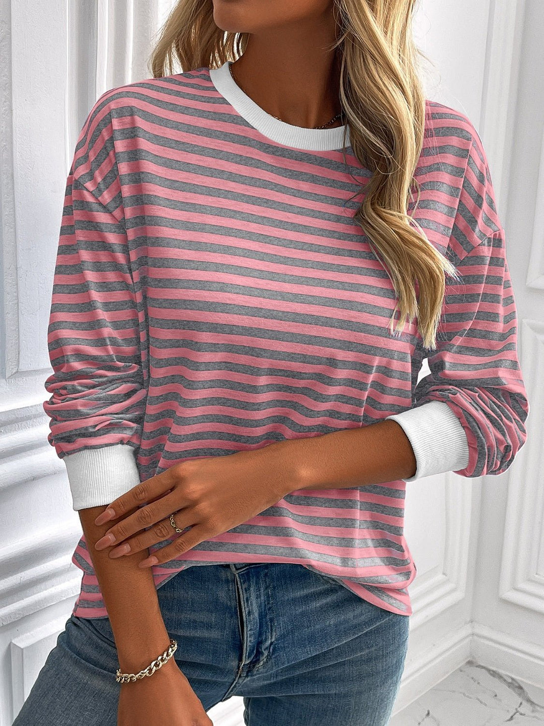 Striped Round Neck Long Sleeve Sweatshirt - SharpDuds