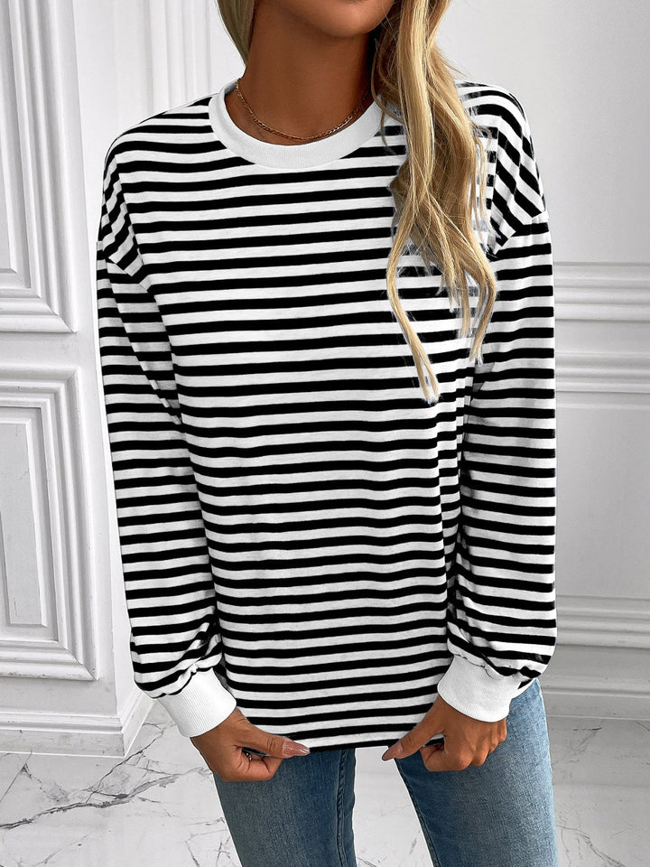 Striped Round Neck Long Sleeve Sweatshirt - SharpDuds