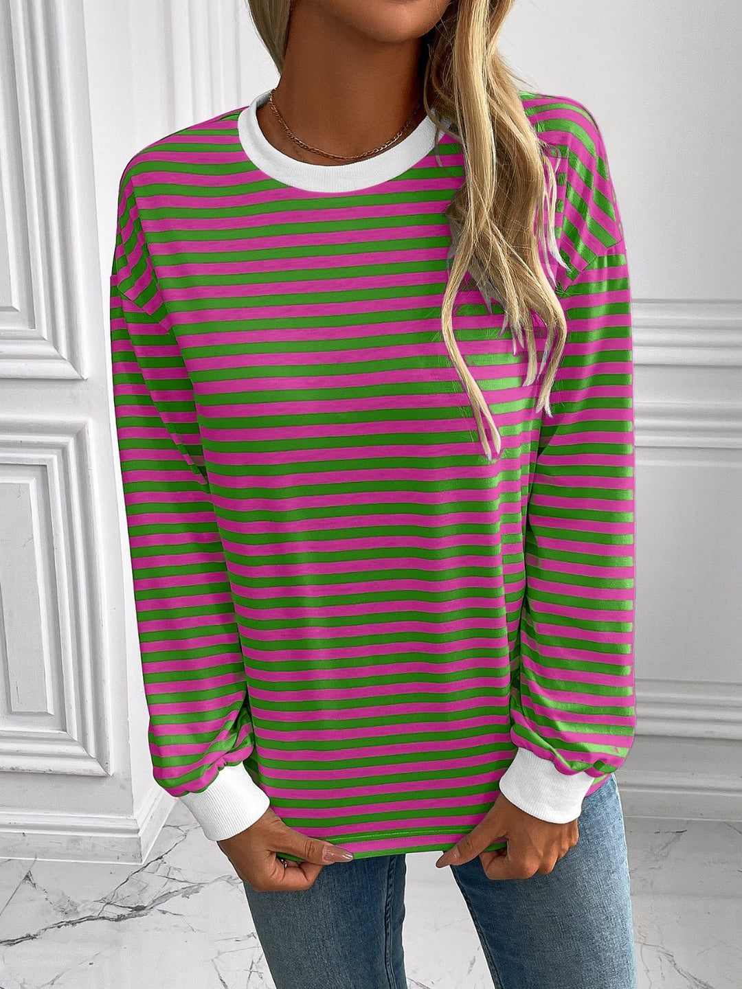 Striped Round Neck Long Sleeve Sweatshirt - SharpDuds