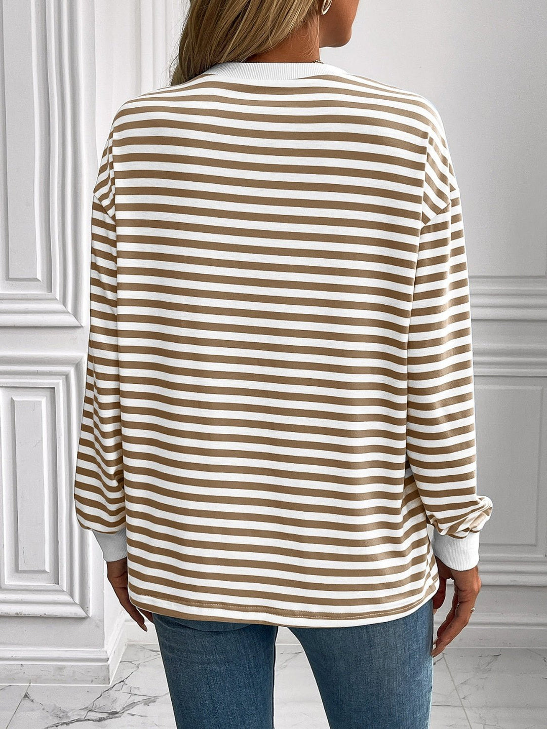 Striped Round Neck Long Sleeve Sweatshirt - SharpDuds