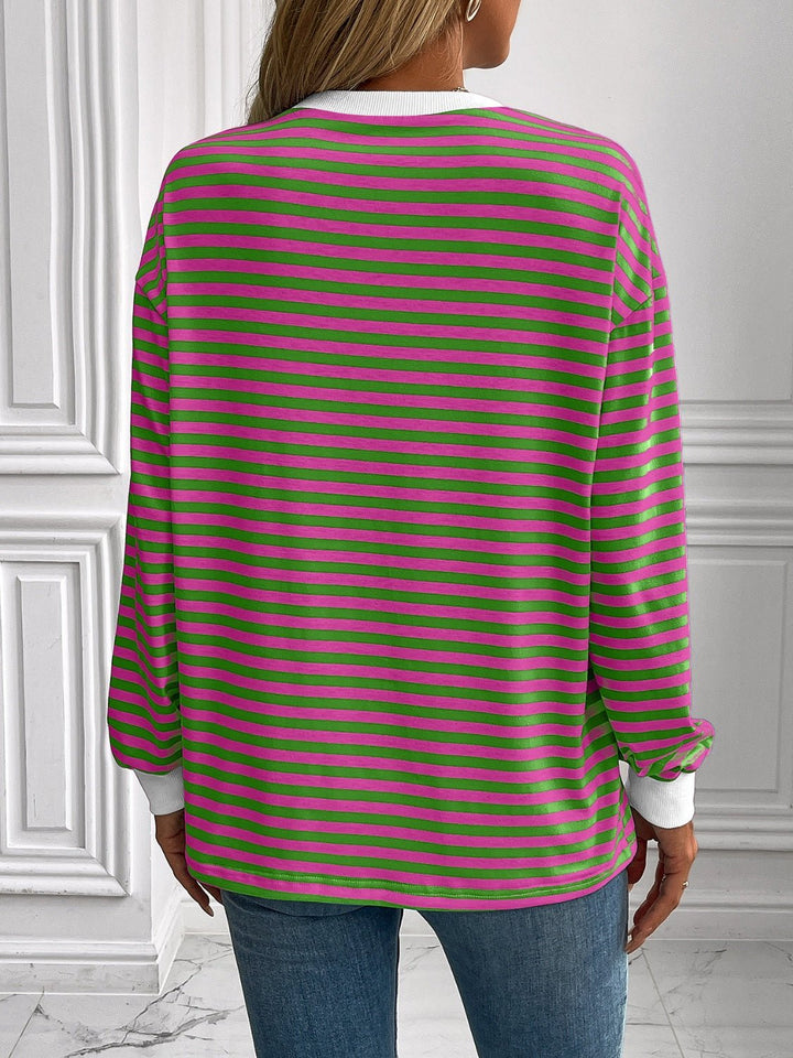 Striped Round Neck Long Sleeve Sweatshirt - SharpDuds