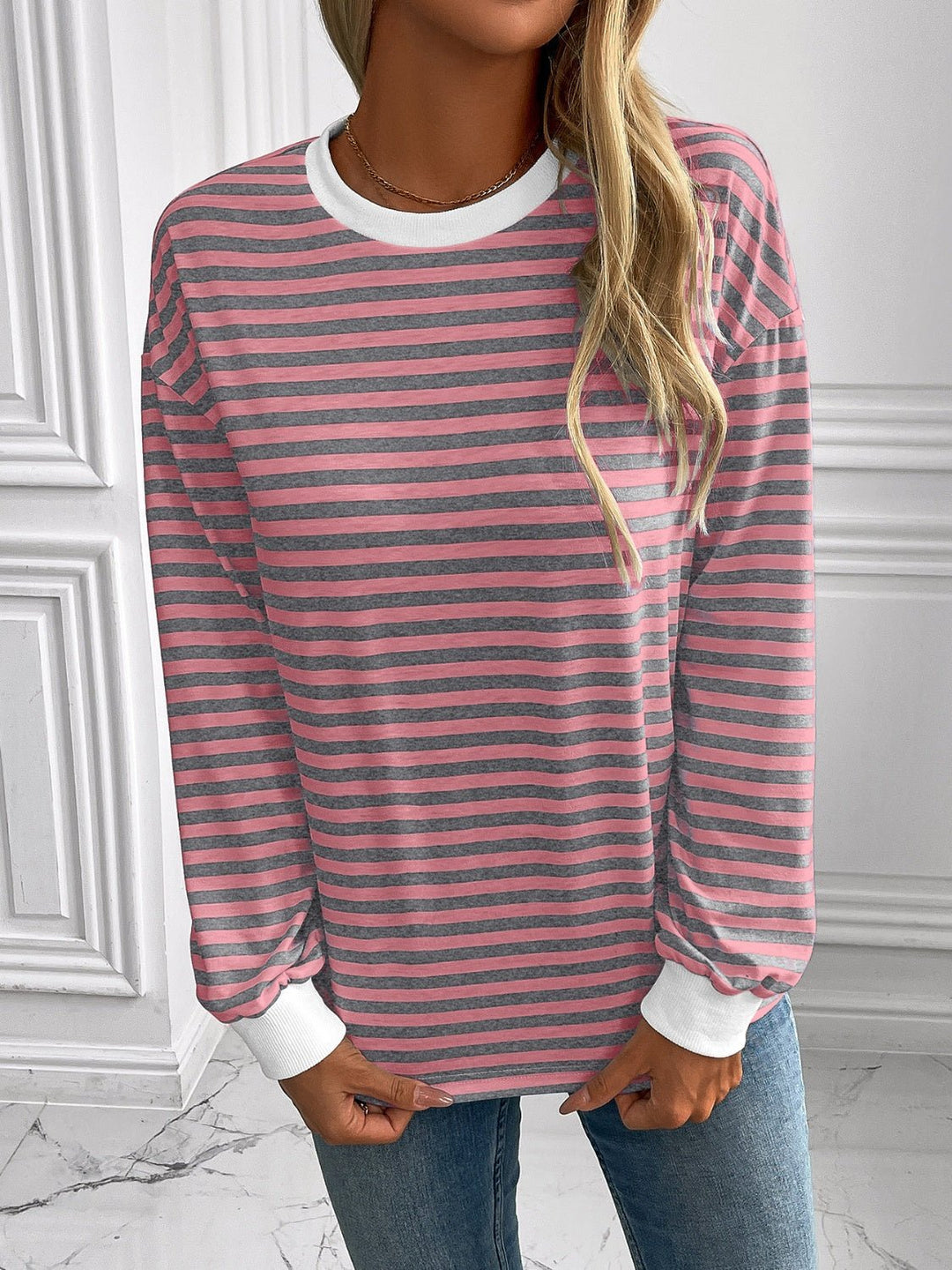 Striped Round Neck Long Sleeve Sweatshirt - SharpDuds