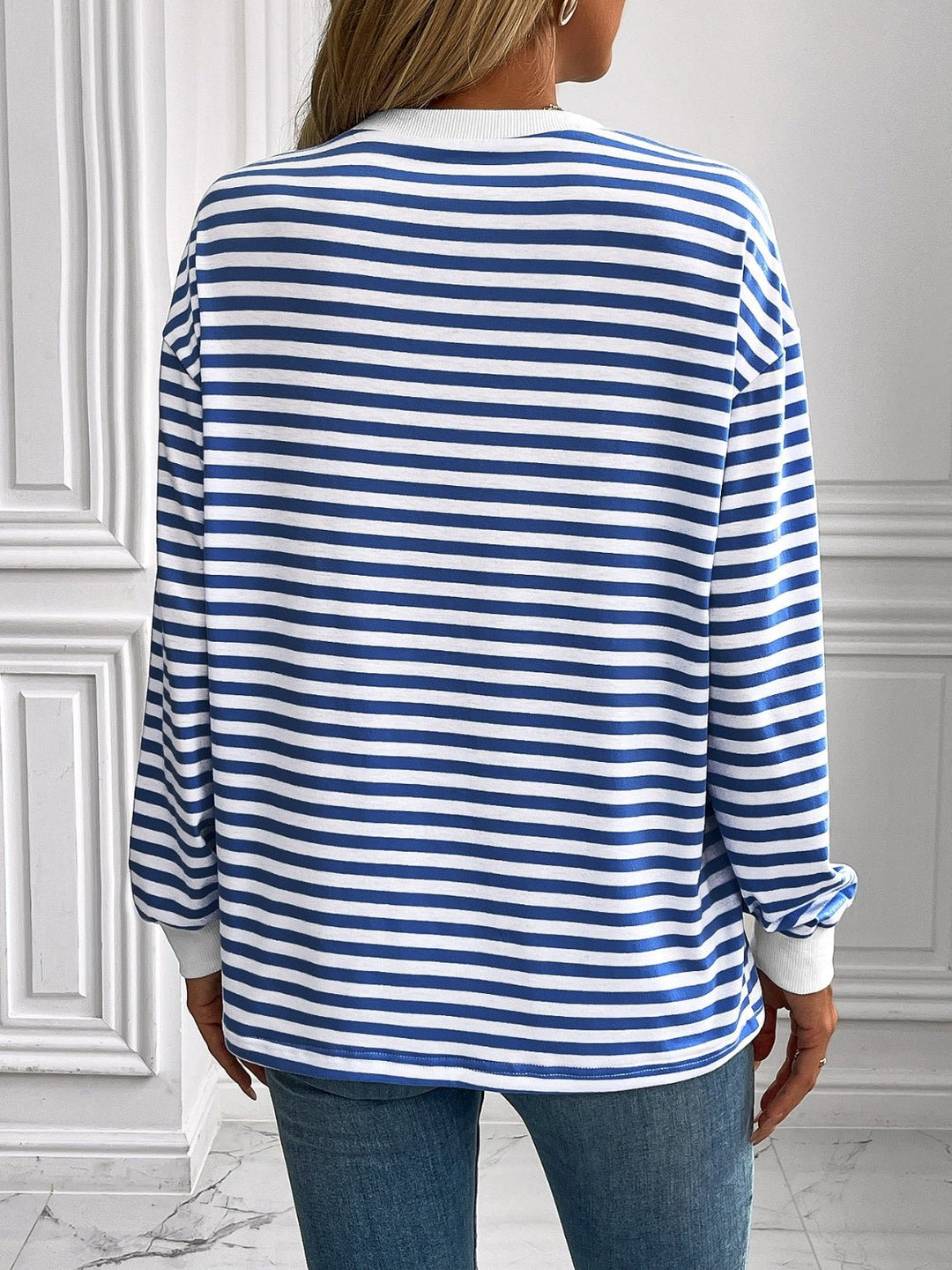 Striped Round Neck Long Sleeve Sweatshirt - SharpDuds