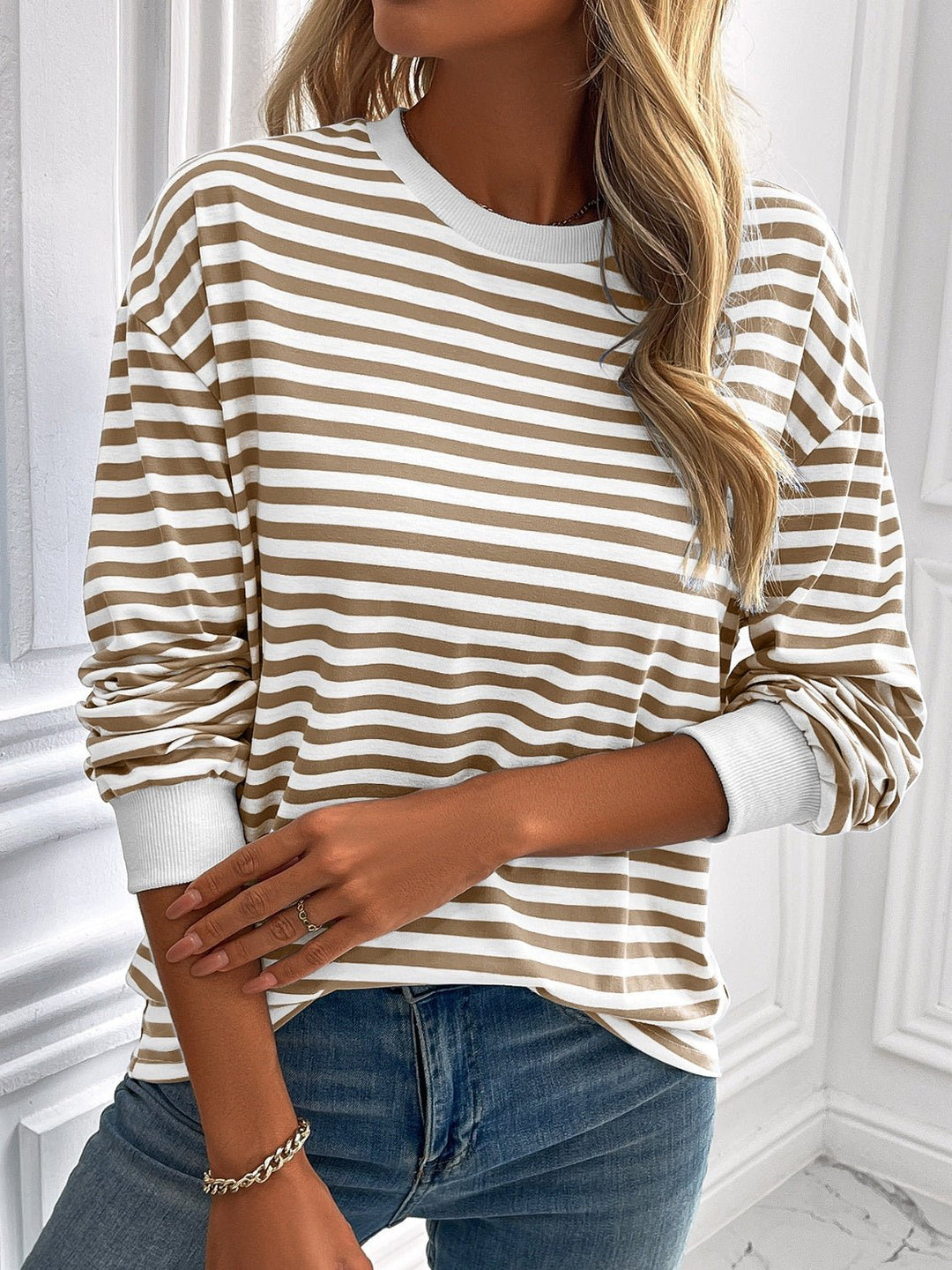 Striped Round Neck Long Sleeve Sweatshirt - SharpDuds