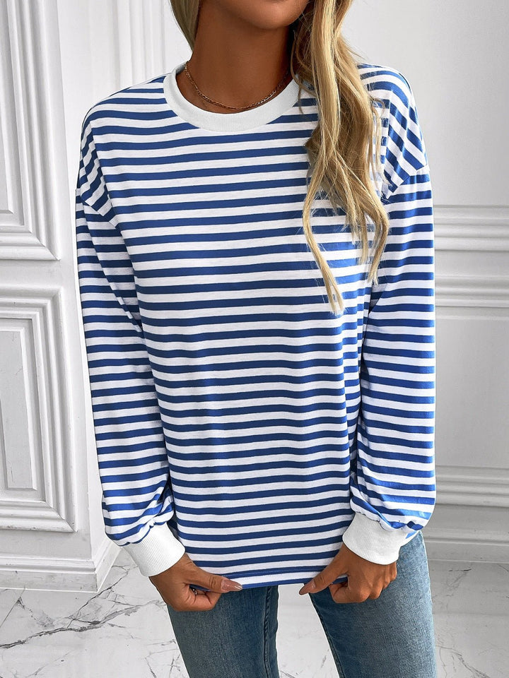 Striped Round Neck Long Sleeve Sweatshirt - SharpDuds