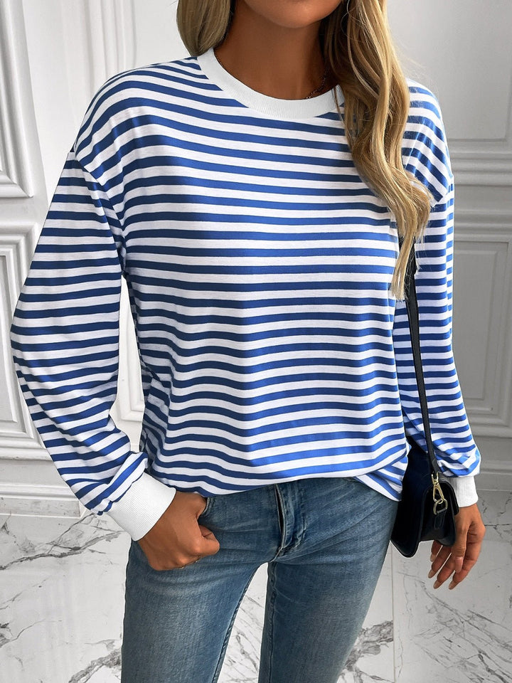 Striped Round Neck Long Sleeve Sweatshirt - SharpDuds