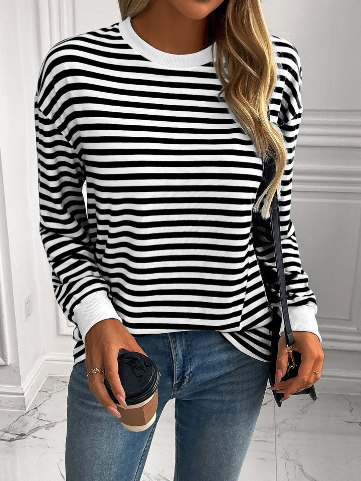 Striped Round Neck Long Sleeve Sweatshirt - SharpDuds