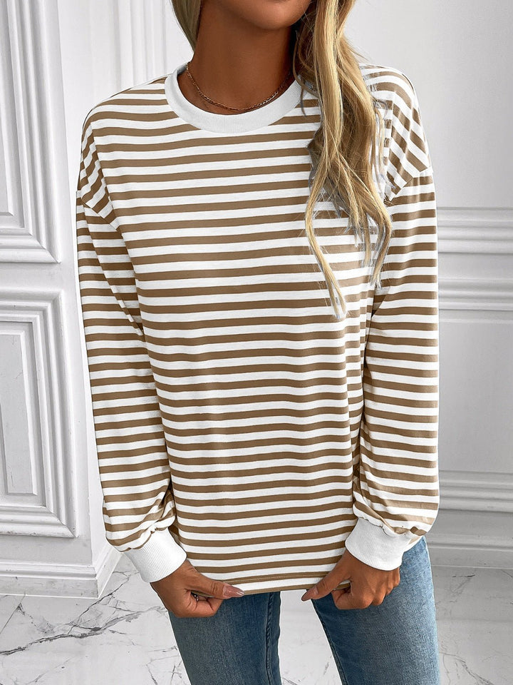 Striped Round Neck Long Sleeve Sweatshirt - SharpDuds