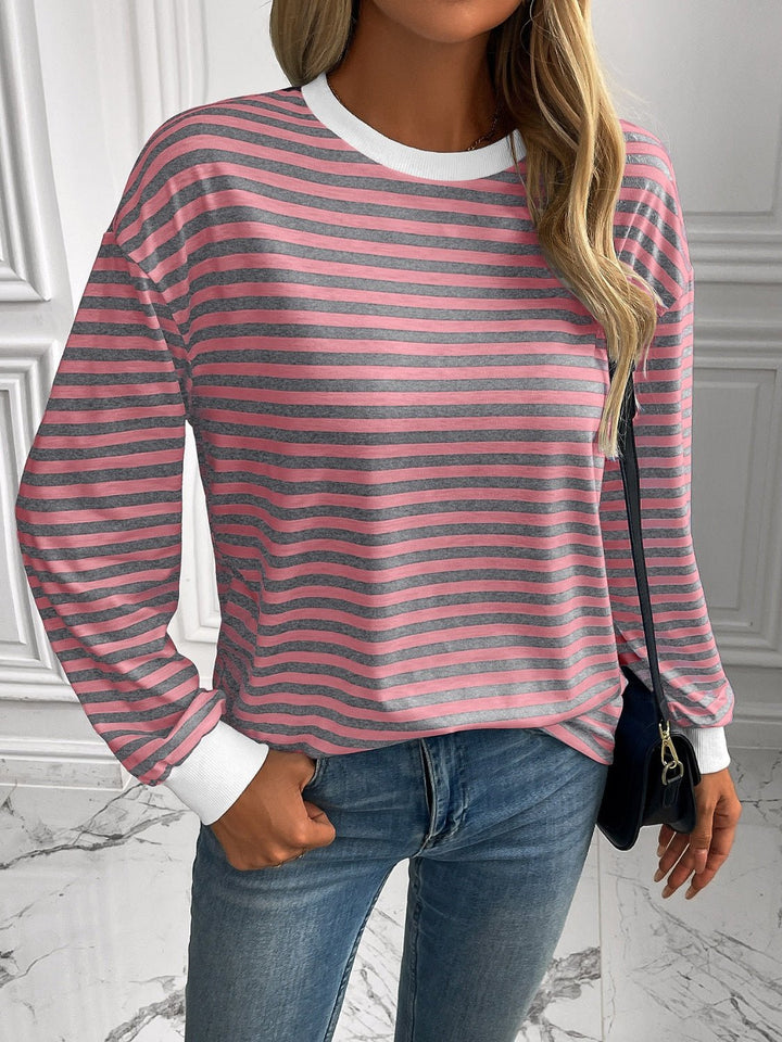 Striped Round Neck Long Sleeve Sweatshirt - SharpDuds