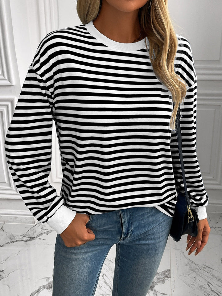 Striped Round Neck Long Sleeve Sweatshirt - SharpDuds