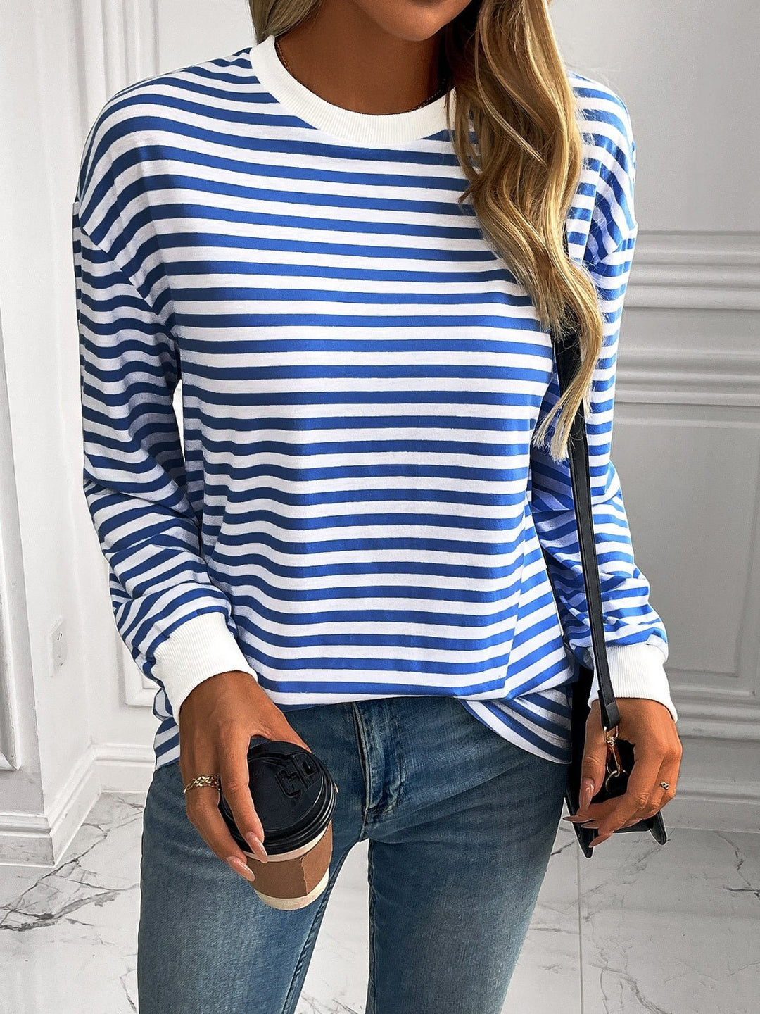 Striped Round Neck Long Sleeve Sweatshirt - SharpDuds