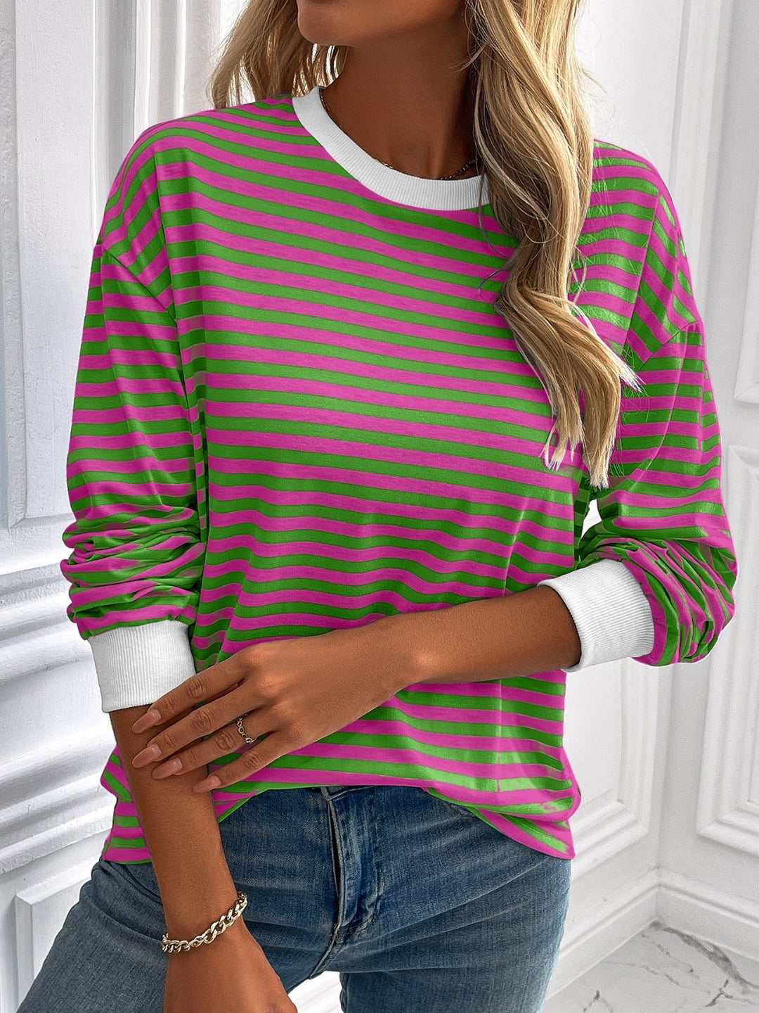 Striped Round Neck Long Sleeve Sweatshirt - SharpDuds