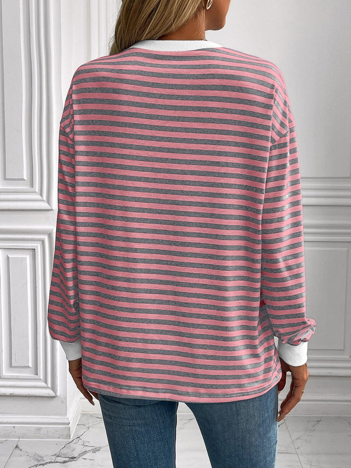 Striped Round Neck Long Sleeve Sweatshirt - SharpDuds