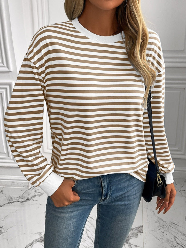 Striped Round Neck Long Sleeve Sweatshirt - SharpDuds