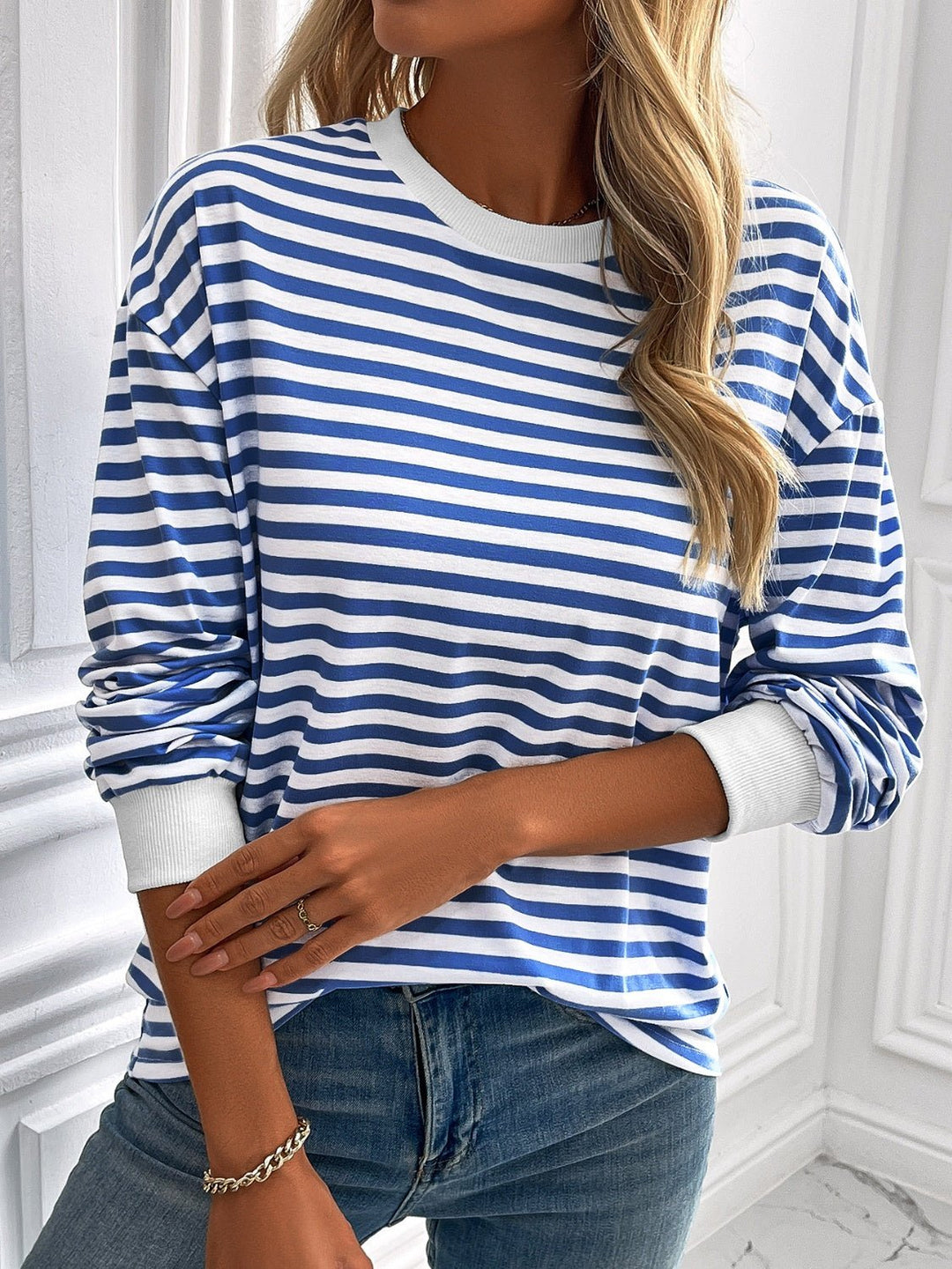 Striped Round Neck Long Sleeve Sweatshirt - SharpDuds