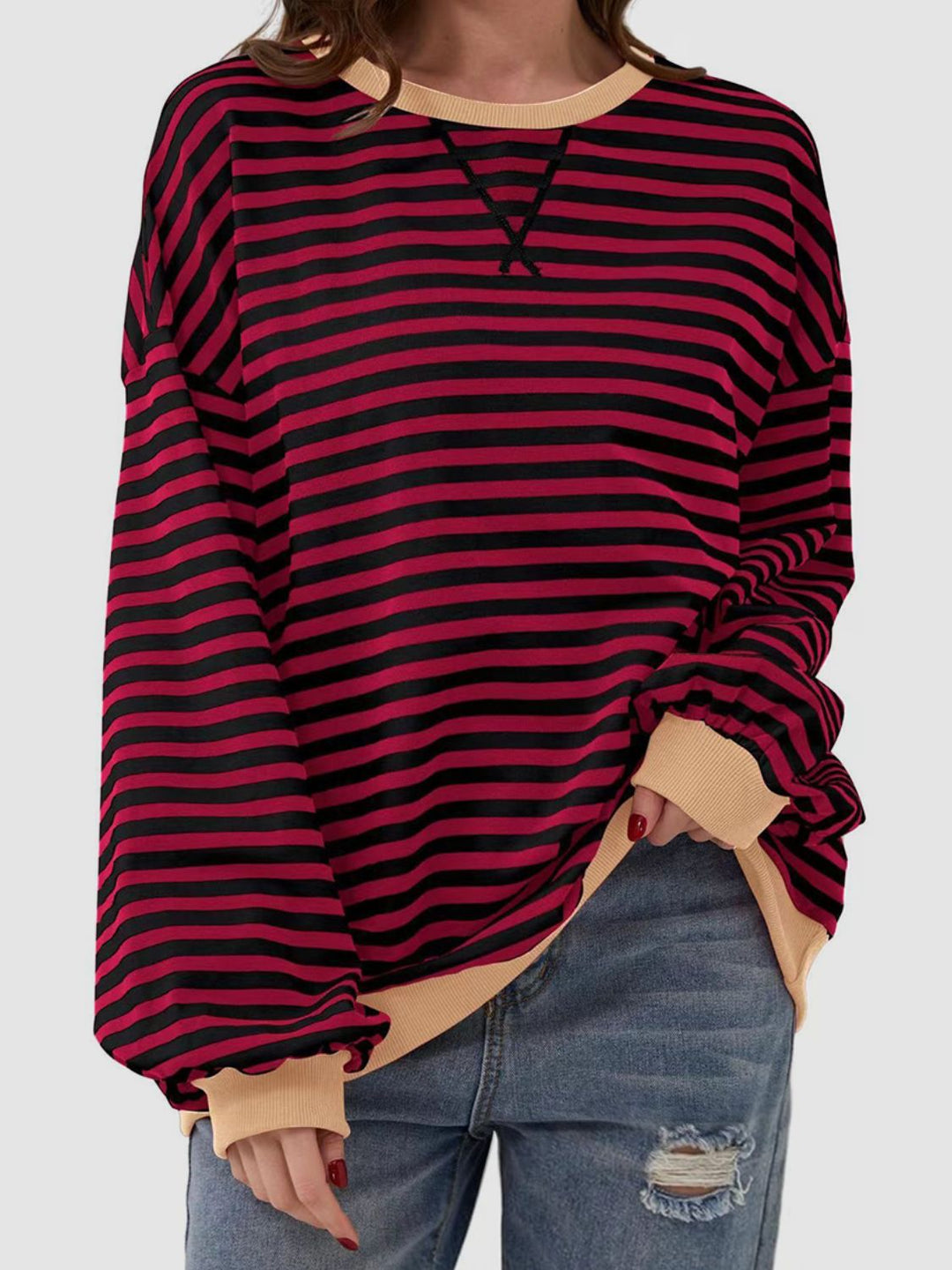 Striped Round Neck Long Sleeve T - Shirt - SharpDuds