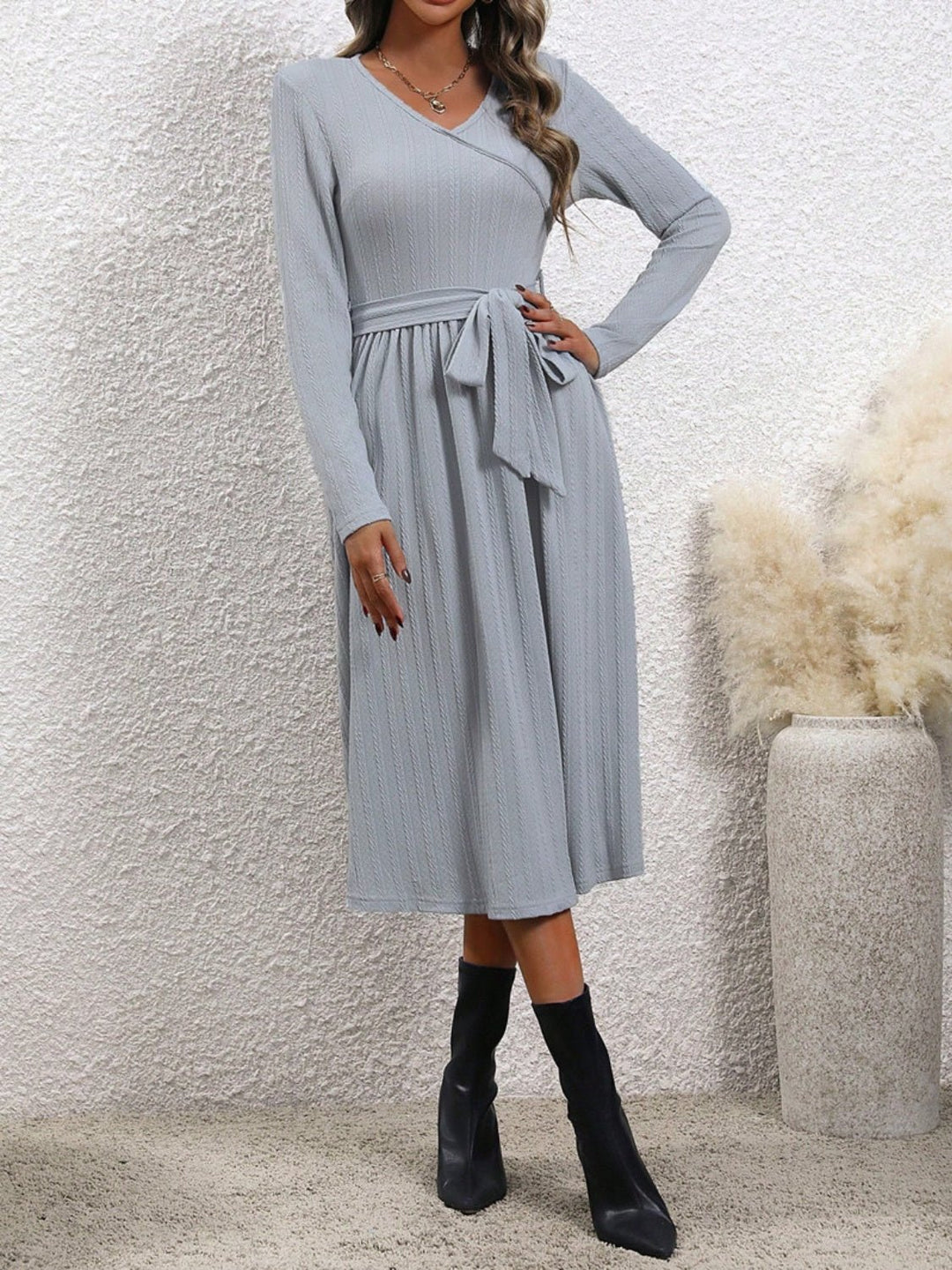 Surplice Tie Waist Long Sleeve Midi Dress - SharpDuds