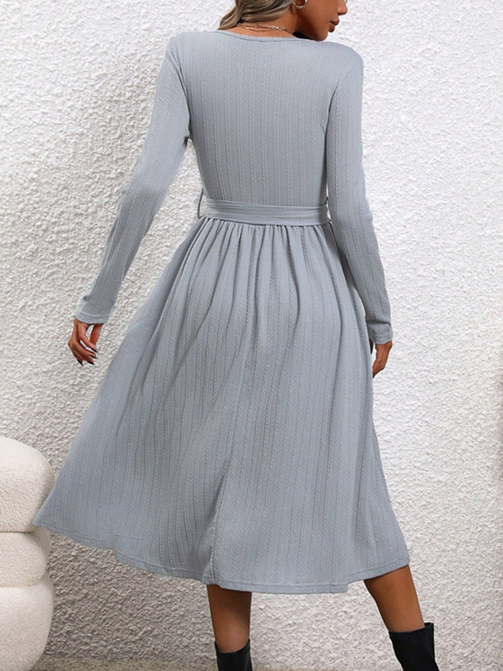 Surplice Tie Waist Long Sleeve Midi Dress - SharpDuds