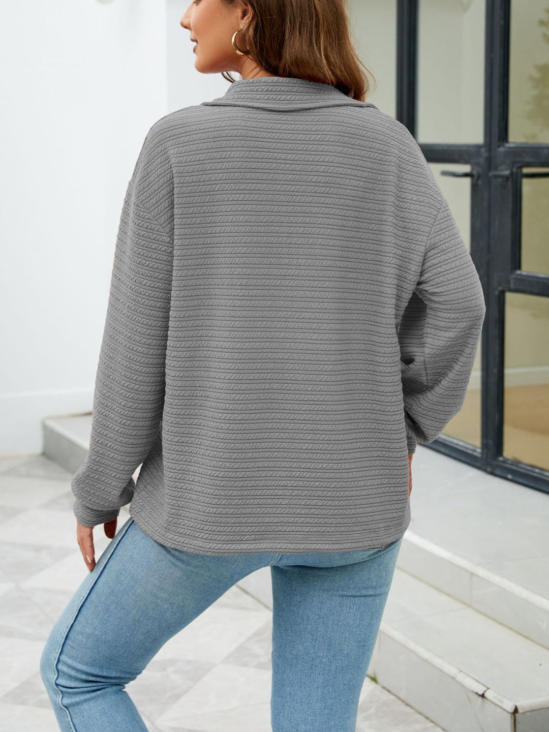 Textured Quarter Zip Long Sleeve Sweatshirt - SharpDuds