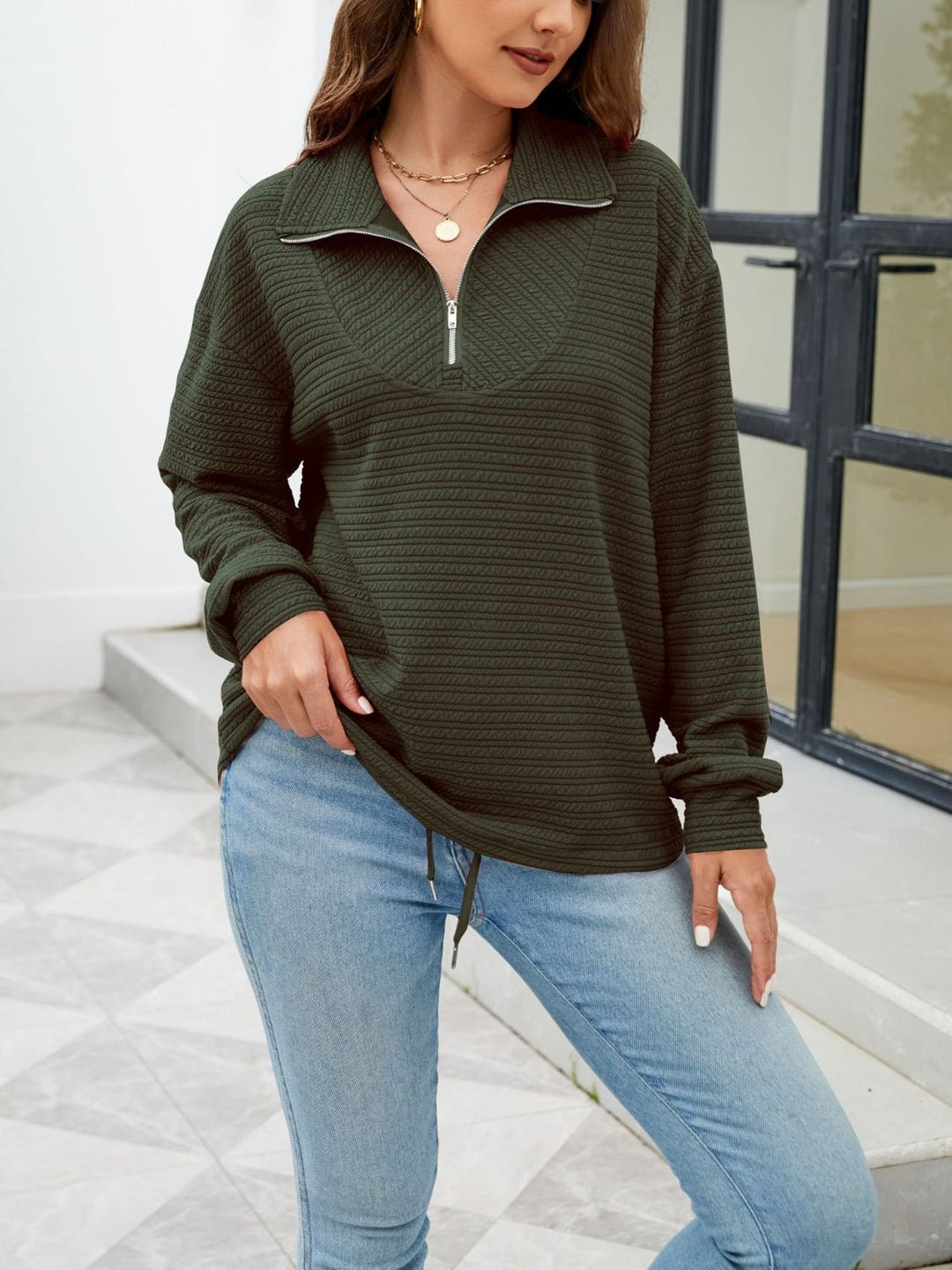 Textured Quarter Zip Long Sleeve Sweatshirt - SharpDuds