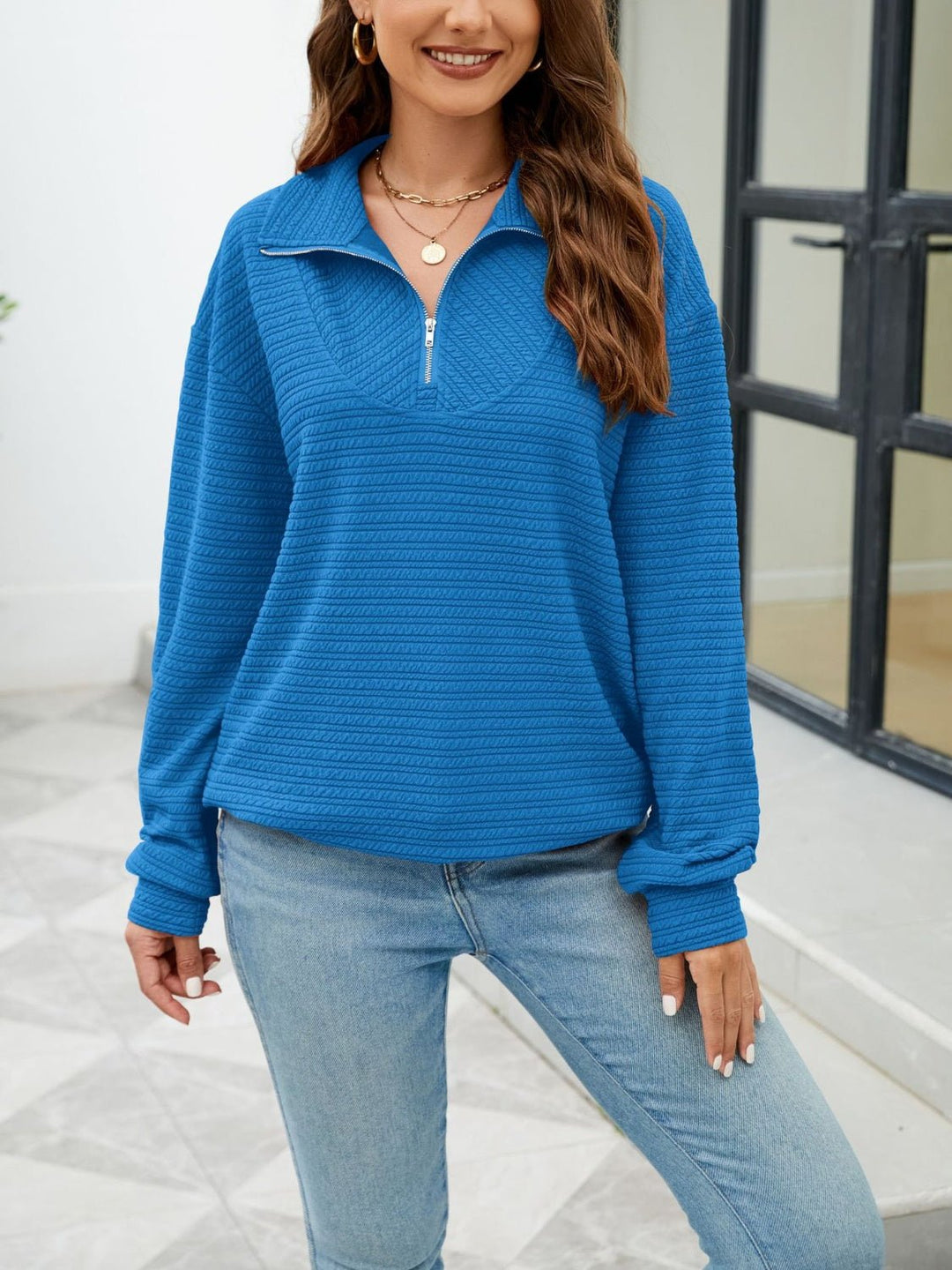 Textured Quarter Zip Long Sleeve Sweatshirt - SharpDuds