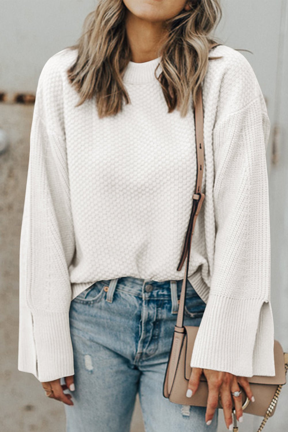 Textured Round Neck Long Sleeve Sweater - SharpDuds