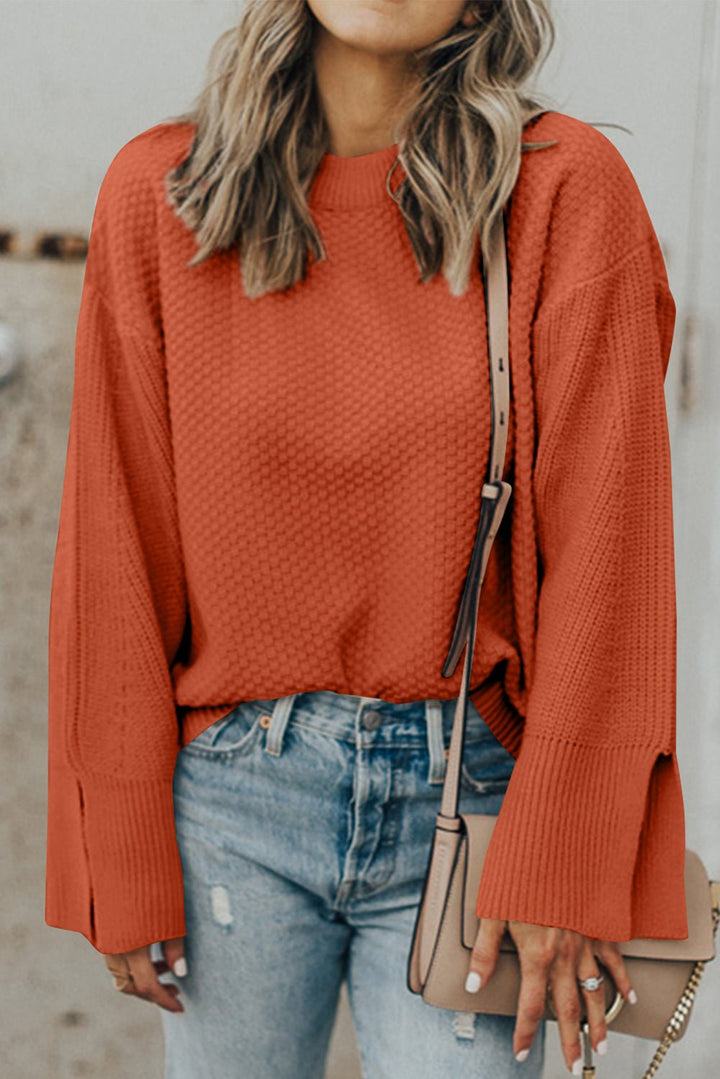 Textured Round Neck Long Sleeve Sweater - SharpDuds