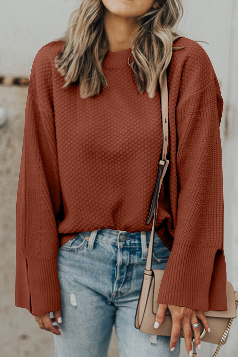 Textured Round Neck Long Sleeve Sweater - SharpDuds